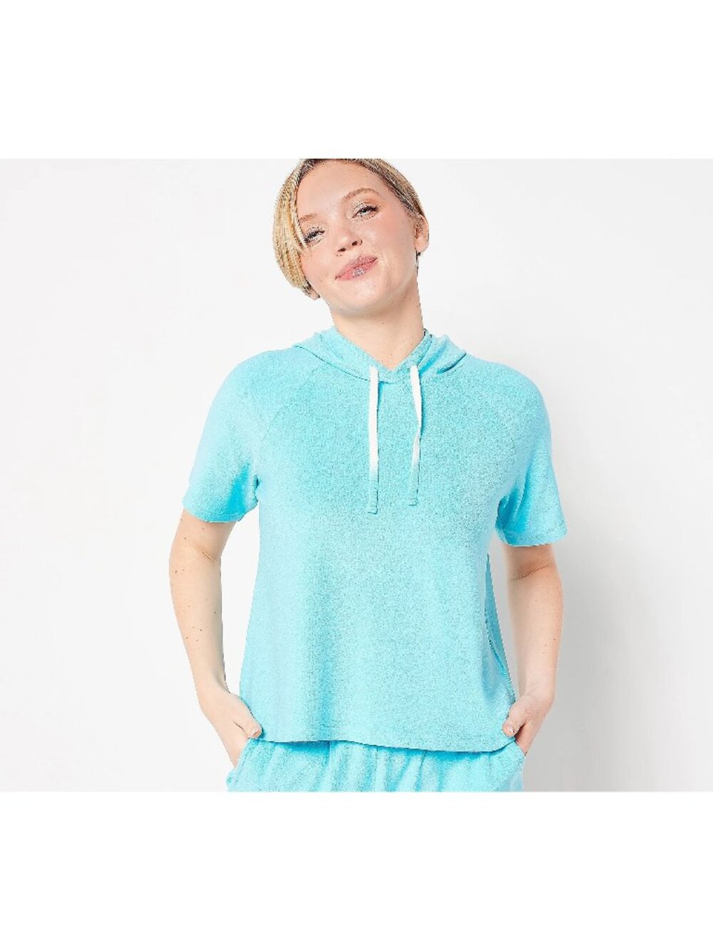 Candace Cameron Bure Beach Hoodie Medium Terry Cloth Short Sleeve Turquoise Cozy